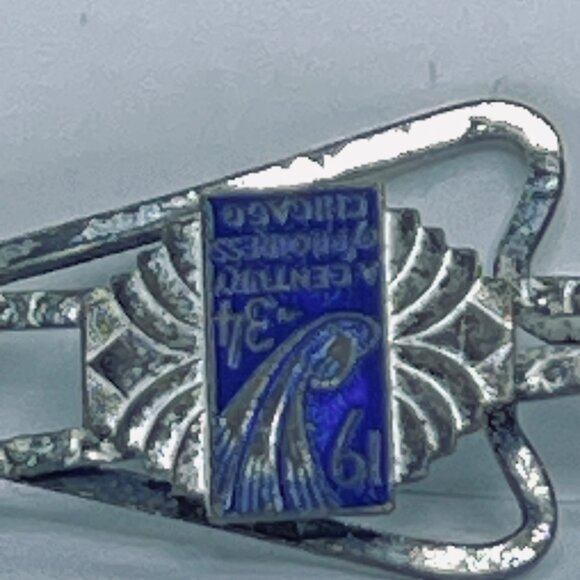 Vintage Silver Tone And Blue Enamel Worlds Fair 1934 Tie Bar (5656) - Picture 2 of 5
